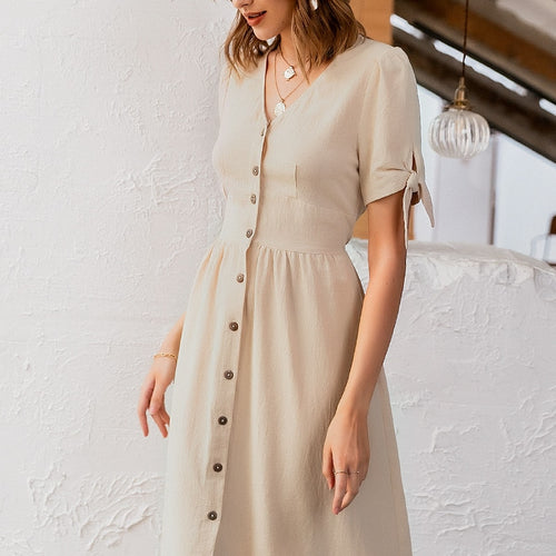 Load image into Gallery viewer, Sexy V-neck Cotton Summer Elegant Buttons Puff Sleeve Office Midi Dress
