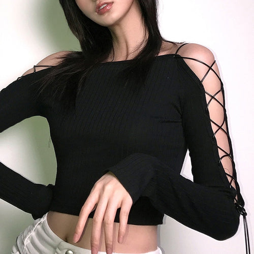 Load image into Gallery viewer, Sexy Bandage Hollow Out Gothic Punk Bodycon Crop Top Long Sleeve
