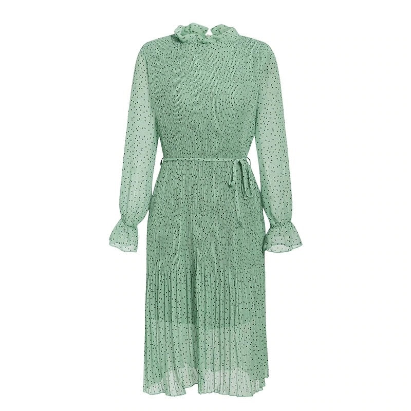 Bohemian Dot Print Elegant Sash Lace Up Pleated Long Sleeve Ruffled Vintage Dress