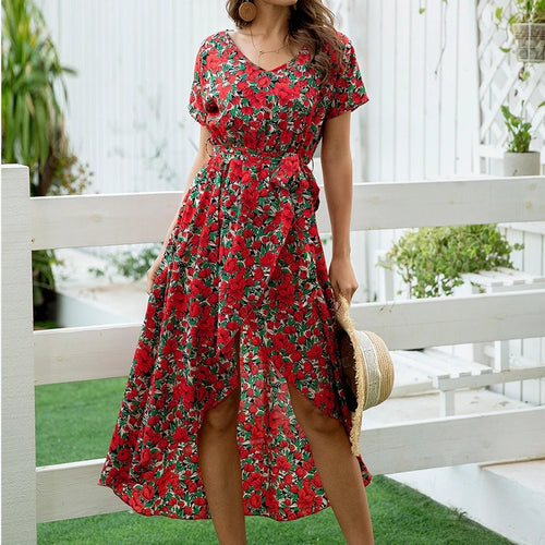 Load image into Gallery viewer, Floral Print Boho V-neck Short Sleeve Vent Holiday A-line Streetwear Belt Beach Dress
