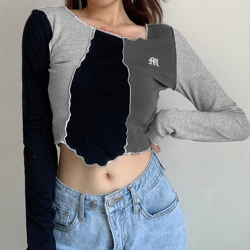 Load image into Gallery viewer, Autumn Letter Embroidery Crop Top Patchwork Long Sleeve
