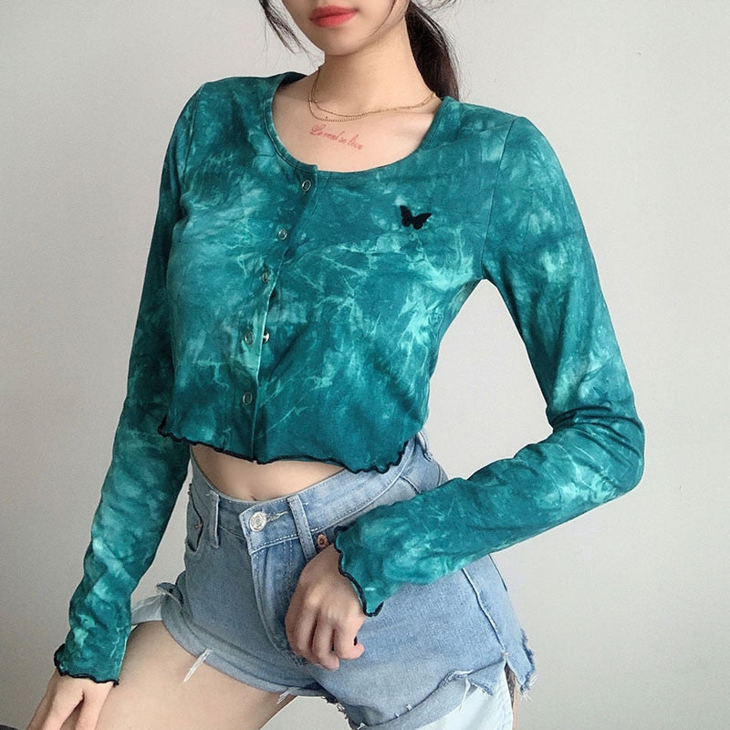 Autumn Tie Dye Print Cropped Shirt Butterfly Embroidery Crop Top Long Sleeve