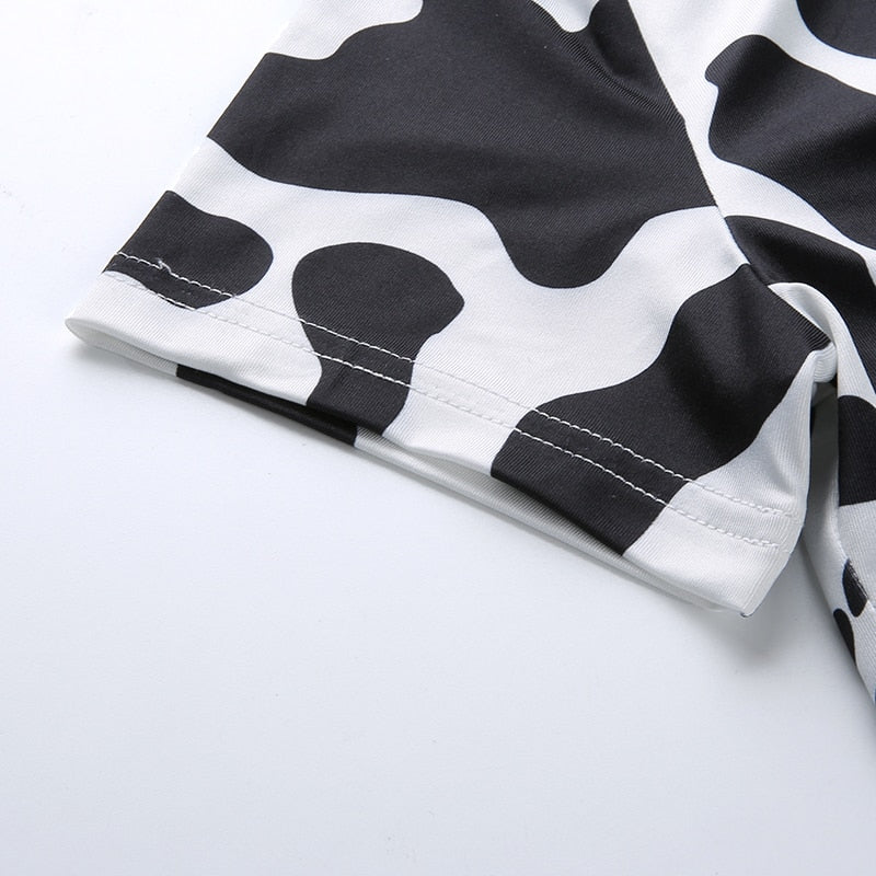 Animal Print Kawaii Cropped Feminino Tshirt Women Korean Style V-Neck Cow T-Shirts Short Sleeve Hollow Sexy Summer Tops