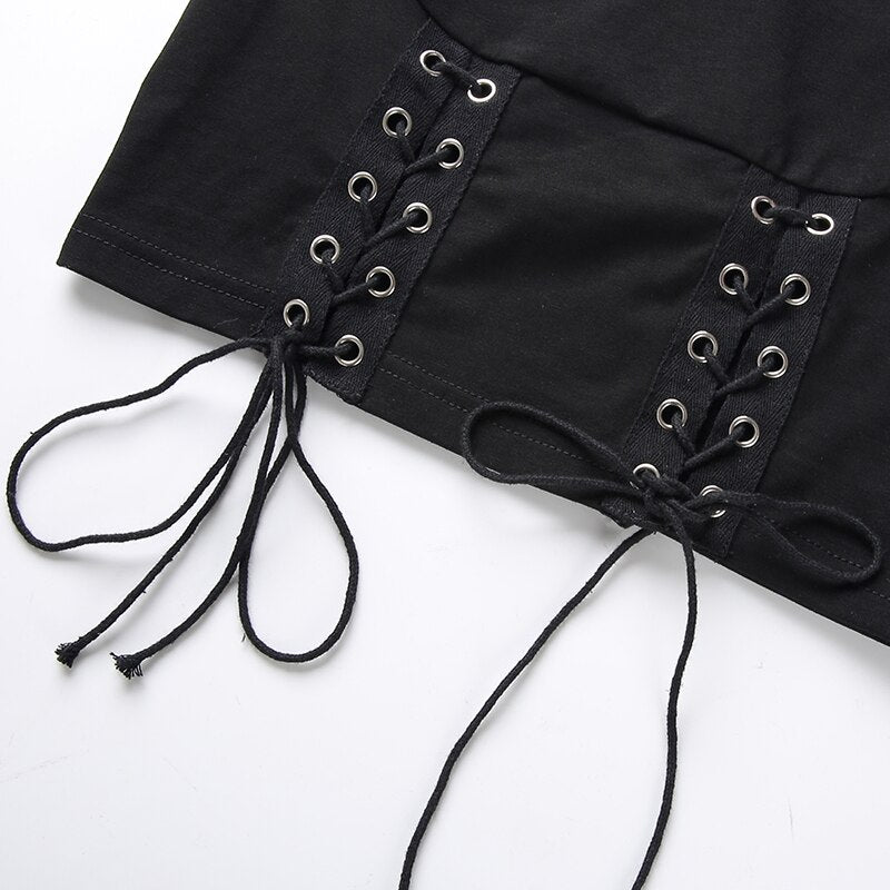 Autumn Black Square Collar Criss Cross Bandage Gothic Crop Top Sexy El ...