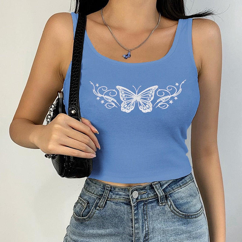Butterfly Pattern Women Tank Slim Sexy Bralette Crop Top Sleeveless