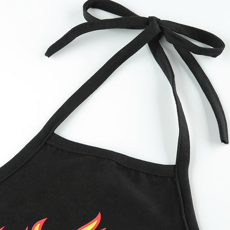 Flaming Fire Printed Cross Bandage Tops Backless Sexy Crop Top Sleeveless