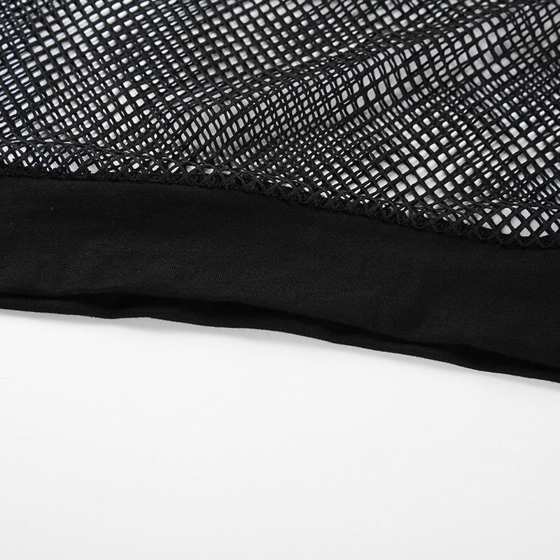 Harajuku Mesh Fishnet Crop Top See Through Sexy Black Transparent Long Sleeve