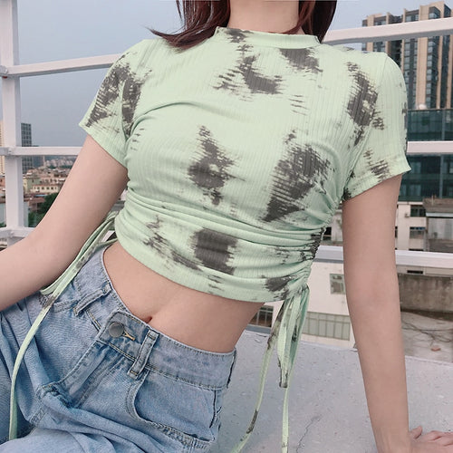 Load image into Gallery viewer, Ink Tie Dye Print Summer Tshirt Short Sleeve Slim Aesthetic Streetwear Outfits Side Lace Up Ruched Top Tees Harajuku
