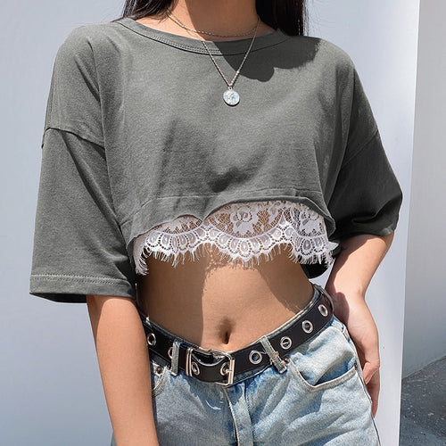 Load image into Gallery viewer, Lace Patchwork Summer Crop Top Casual Leisure Outfit Short Sleeve O-neck Tees
