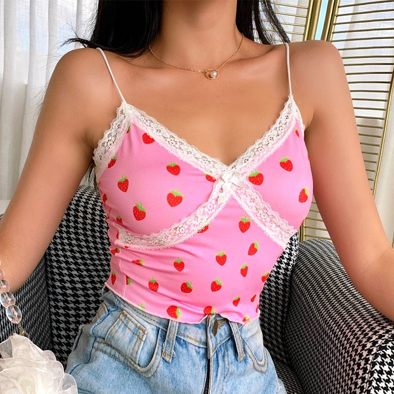 Pink Sweet Style Cute Crop Top Lace Edge Streetwear Strawberry Pattern Sleeveless