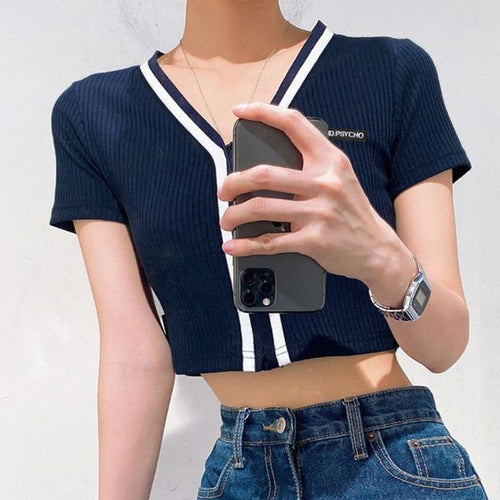 Load image into Gallery viewer, Striped Contrast Color Cardigan Summer Crop Top Zipper V Neck Short Sleeve Tees
