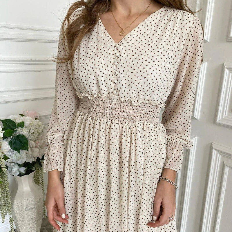 Casual Flare Sleeve Elegant V-neck Polka Dot Print Sash A-Line Midi Dress