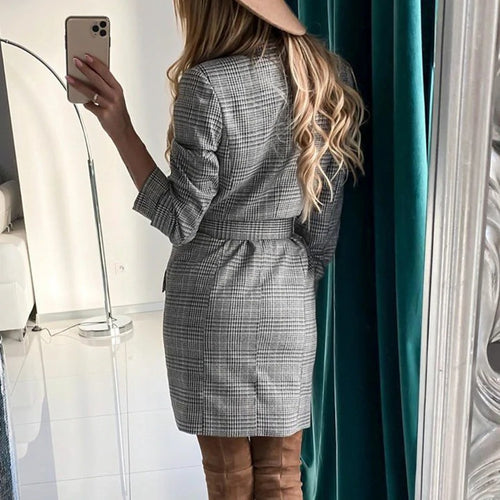 Load image into Gallery viewer, Vintage Double Breasted Belt Plaid Elegant Office Long Sleeve Mini Dress
