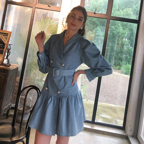 Load image into Gallery viewer, Casual Suit Collar Denim Bubble Sleeves Ruffled Button Midi Dress
