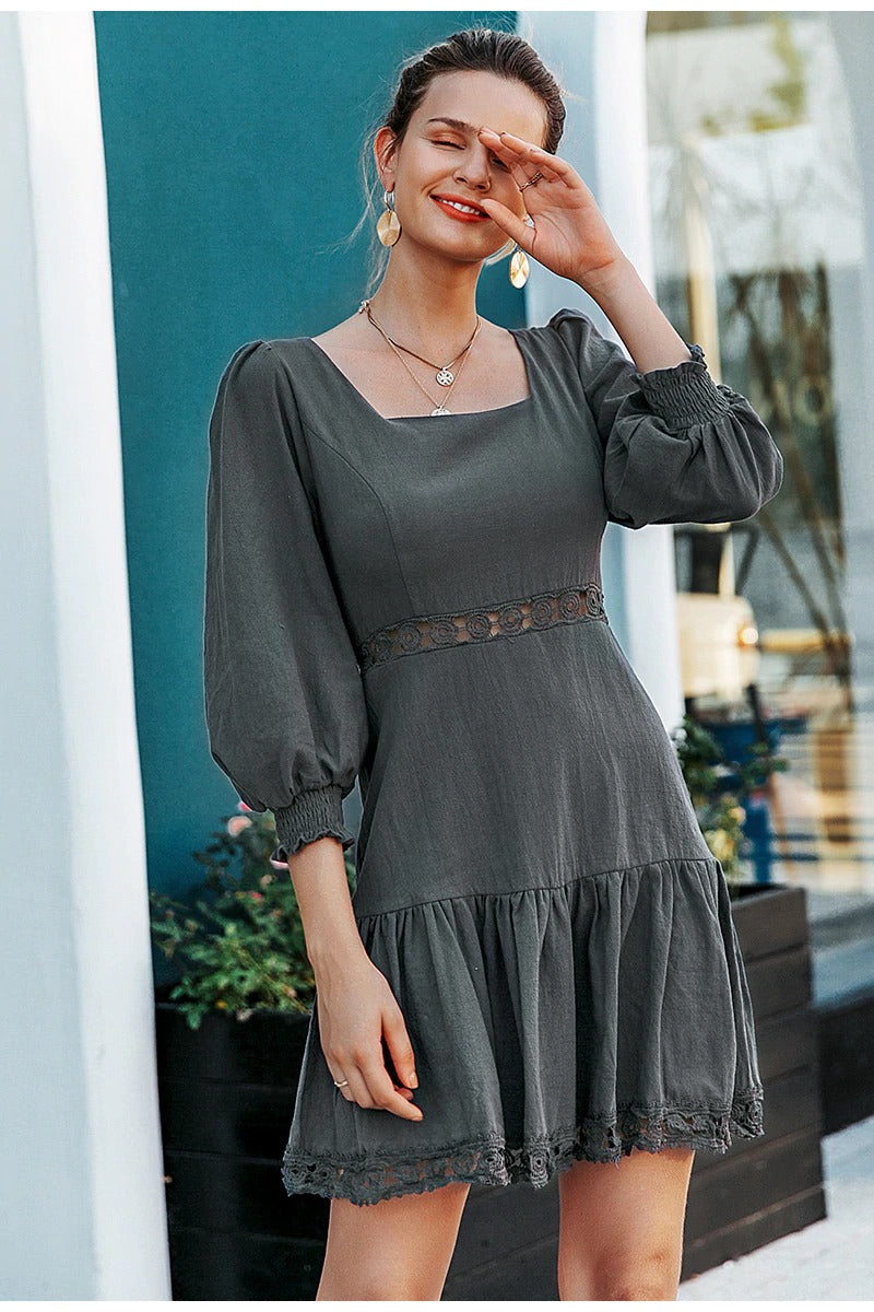 A-line Hollow Out Elegant Ruffled Lantern Sleeve Autumn Casual Short Party Dress