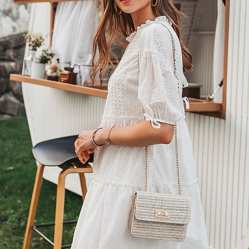 Load image into Gallery viewer, Embroidery Lace Up Bow White Dress Summer Beach Vintage Ruffle Short Puff Dress
