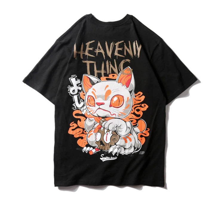 Heavenly Thing Cat Printed Hip Hop Streetwear Loose Tees
