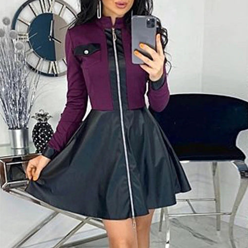 Load image into Gallery viewer, Elegant A-line Office Casual Stand Collar Zipper High Street Short Dress
