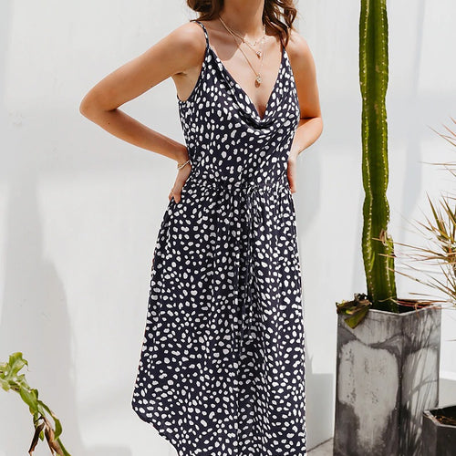 Load image into Gallery viewer, Bohemian Dot Print Summer Lace Up Waist Asymmetrical Midi Dress
