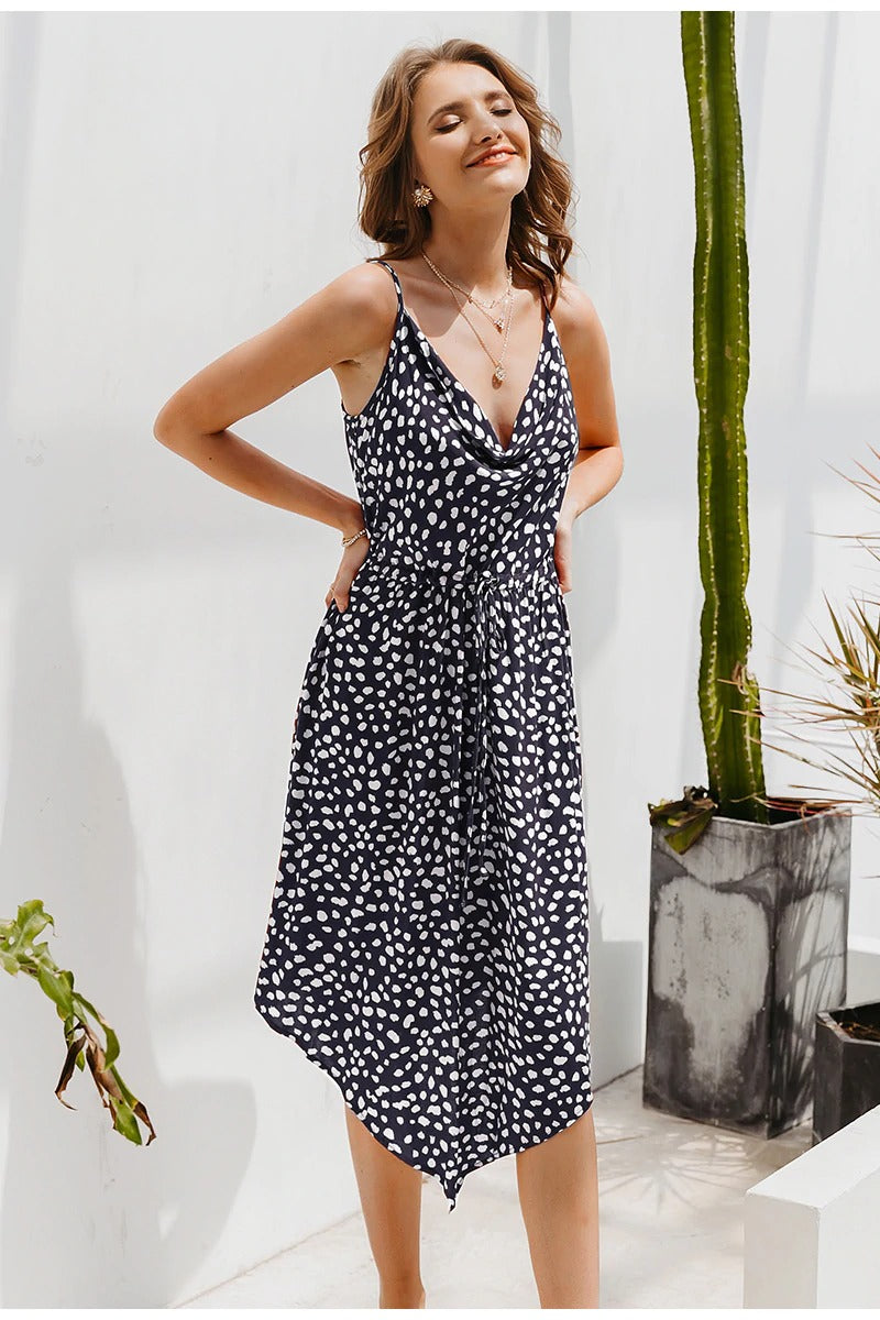Bohemian Dot Print Summer Lace Up Waist Asymmetrical Midi Dress