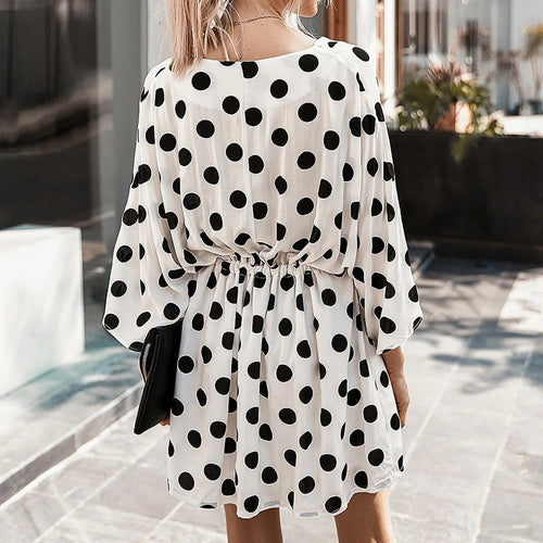 Load image into Gallery viewer, Elegant V-neck Dot Print Casual Half Sleeve Ruffle Short Mini Dress

