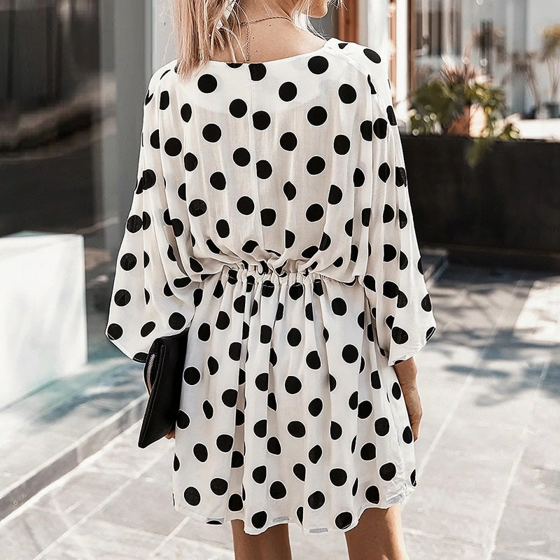 Elegant V-neck Dot Print Casual Half Sleeve Ruffle Short Mini Dress