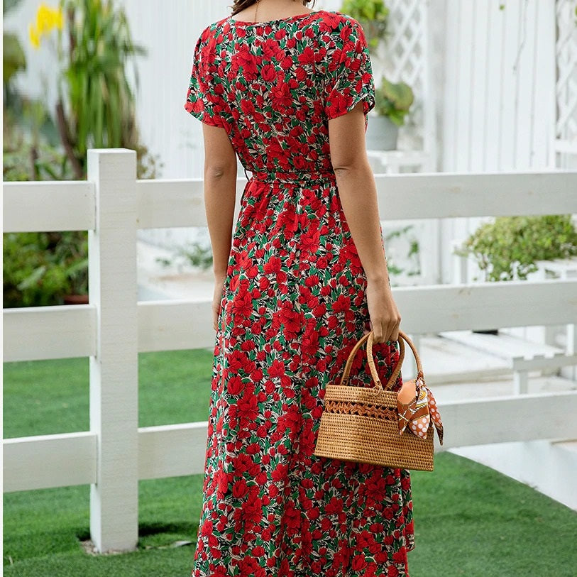 Floral Print Boho V-neck Short Sleeve Vent Holiday A-line Streetwear Belt Beach Dress