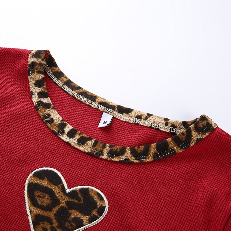 Patchwork Leopard Cute Crop Top O-Neck Short Sleeve Tees