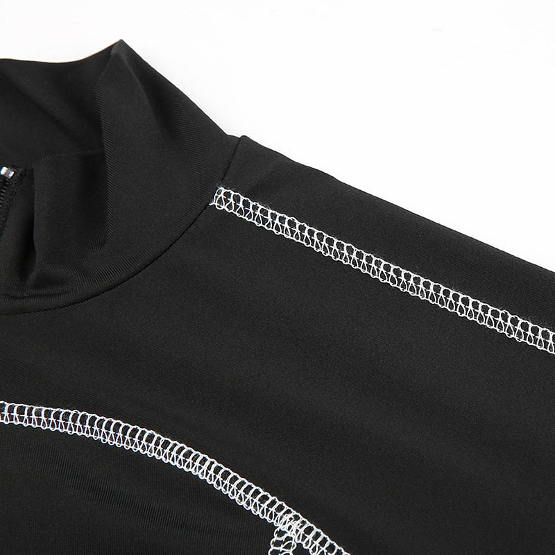 Autumn Casual Black Crop Top T Shirts Women Fitness Activewear Zipper Turtleneck Long Sleeve Striped Basic Tshirt