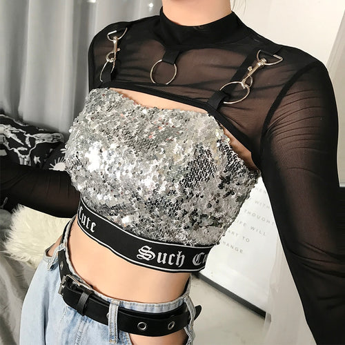 Load image into Gallery viewer, Black Punk Gothic Party Tops Metal Ring Long Sleeve Cropped Mesh Long Sleeve
