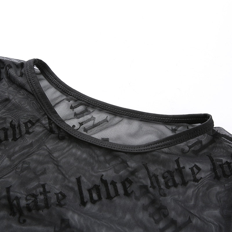 Black Transparent Sexy Summer Mesh Gothic Letter Printed Long Sleeve
