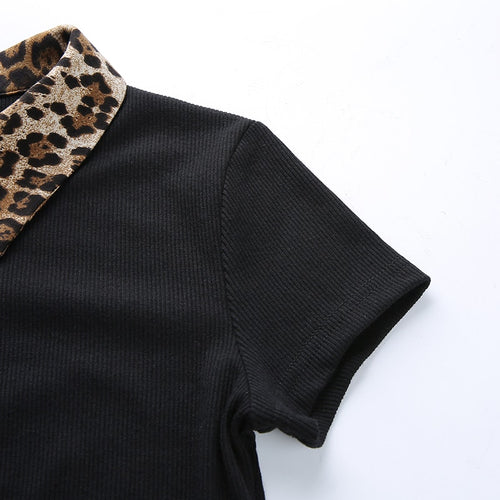 Load image into Gallery viewer, Black Vintage Patchwork Leopard Turn-Down Collar Single Breasted Knitted Tees
