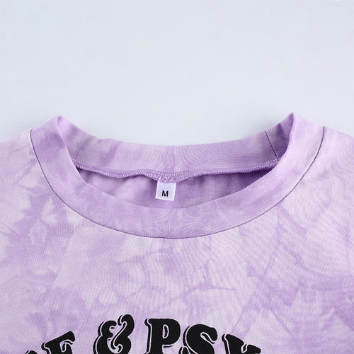 Load image into Gallery viewer, Cartoon Pattern Cute Purple Tie Dye Casual Short Sleeve Crop Top Tees
