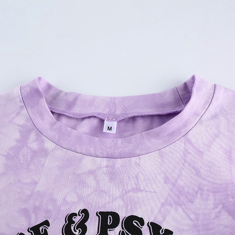 Cartoon Pattern Cute Purple Tie Dye Casual Short Sleeve Crop Top Tees