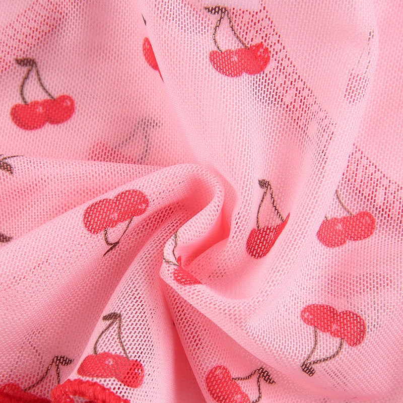 Cherry Print Cute V Neck Slim Sexy Pink Summer Kawaii Crop Top