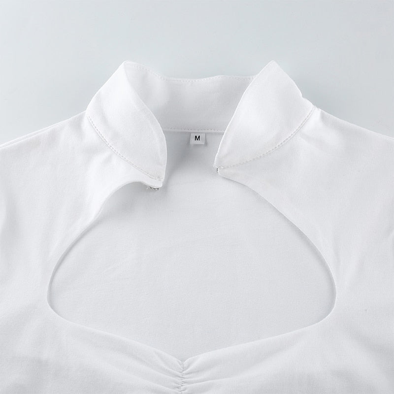 Cut Out White Solid Cheongsam Collar Slim Short Sleeve Tees