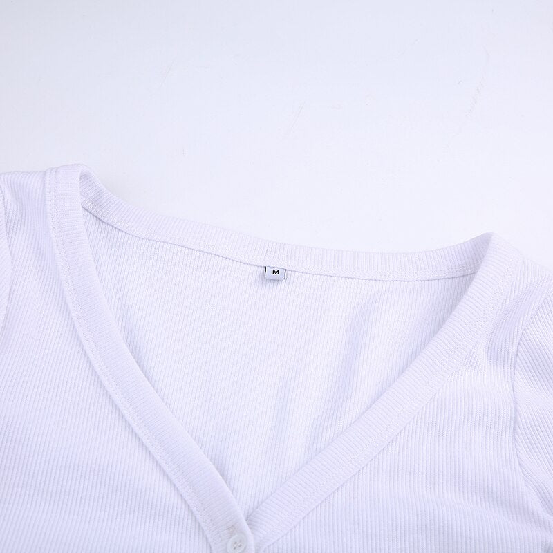 White Solid Sexy V Neck Crop Top Single-Breasted Long Sleeve