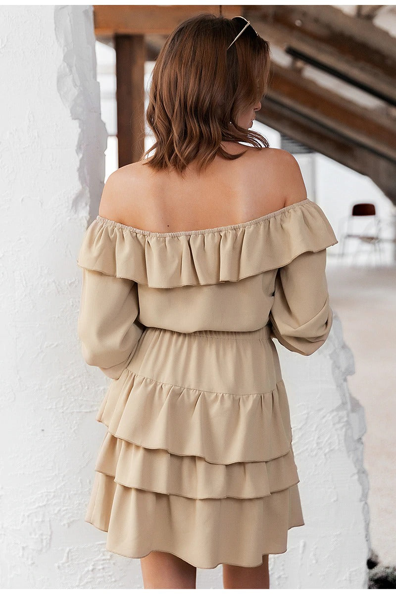 Sexy Off Shoulder Summer Elegant Ruffle Solid A-line Sundress Mini Dress