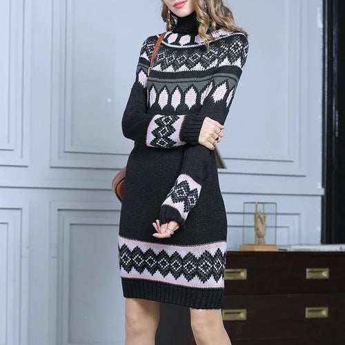 Load image into Gallery viewer, Bohemian National Style Knitted Casual Contrast Color Geometric Pattern High Collar Dress
