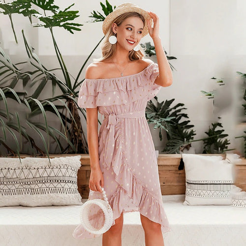 Load image into Gallery viewer, Chiffon Pink Sexy Off Shoulder Beach Holiday Summer Bow Flounce Bronzing Casual Dress
