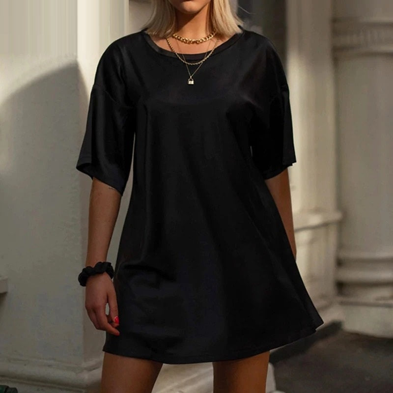 Casual Loose Solid Summer Short Sleeve Silk O-neck High Street Dress
