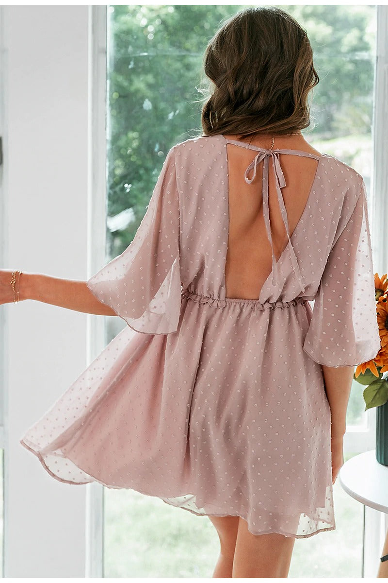 Sexy V-neck Ruffle Pink Elegant Dot Print Backless Short Office Mini Dress