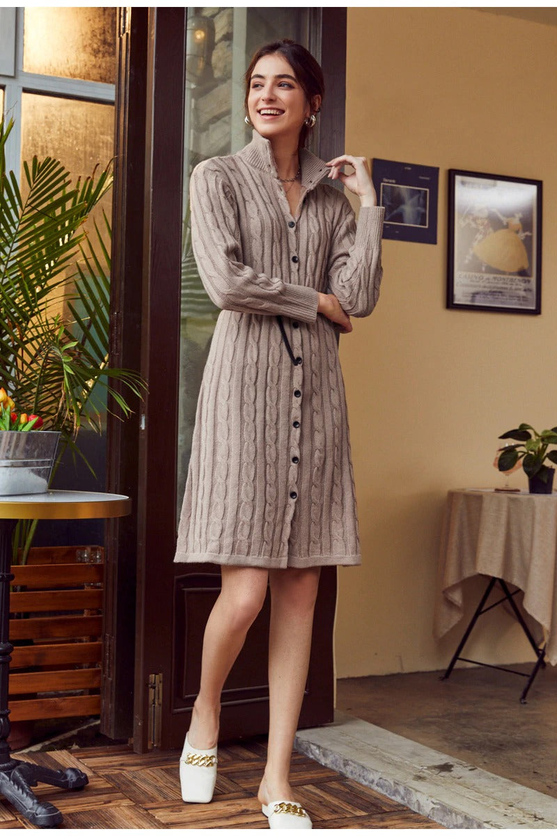Casual Solid Sweater Cozy Long Sleeve Button High Street Knitted Dress