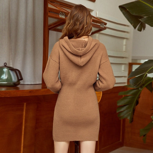 Load image into Gallery viewer, Casual Hooded Collar Sweater Bat Sleeves Drawstring Flexible Mini Dress
