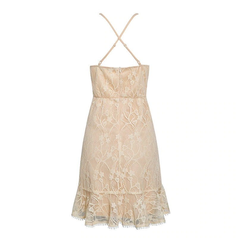 Sexy V-neck Ruffle Lace Embroidery Spaghetti High Waist Tight Short Mini Dress