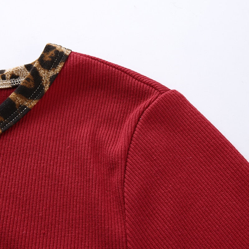 Patchwork Leopard Cute Crop Top O-Neck Short Sleeve Tees