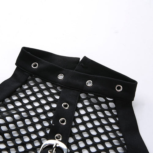 Load image into Gallery viewer, Black Mesh Patchwork Gothic Choker Collar With Metal Button Backless Sexy Punk Crop Top
