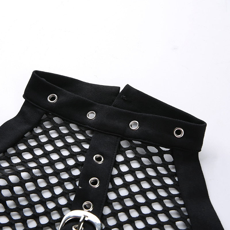 Black Mesh Patchwork Gothic Choker Collar With Metal Button Backless Sexy Punk Crop Top