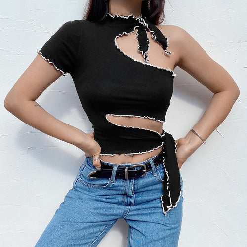 Load image into Gallery viewer, Party Clubwear Hollow Out Slim Sexy One Off Shoulder Black Summer Crop Top Sleeveless
