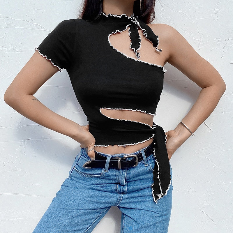Party Clubwear Hollow Out Slim Sexy One Off Shoulder Black Summer Crop Top Sleeveless